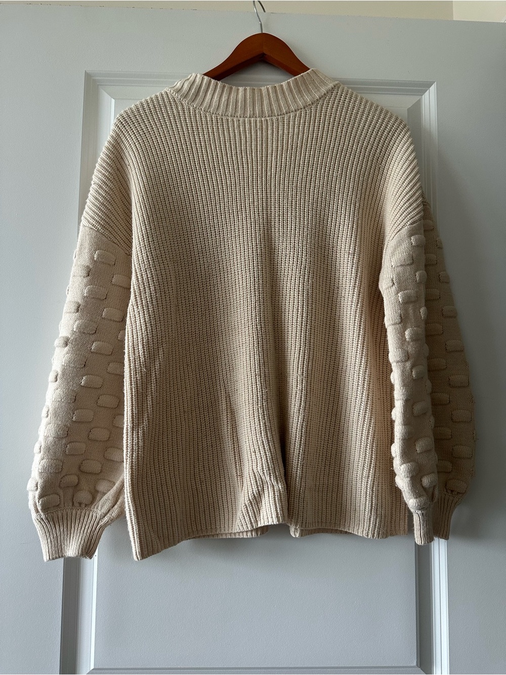 Cream Bubble-Sleeve Rib Knit Turtleneck Sweater